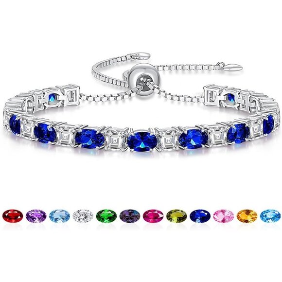 Sterling Silver Birthstone Bracelets for Women White Gold Tennis Bracelets Adjus